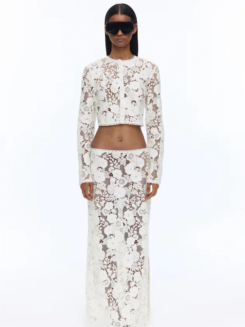 Livia Nunes & H&M collab White Floral Crochet Long Sleeve Crop Top
